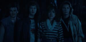 Steve (Joe Keery), Eddie (Joseph Quinn), Nancy (Natalia Dyer) and Robin (Maya Hawke)