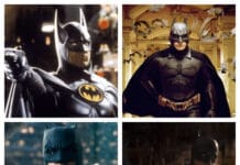 As quatro versões de Batman. Acima, a esquerda, Michael Keaton, como primeiro Batman da série que durou entre 1989 e 1997. Acima, a direita, Christian Bale como Batman da trilogia de Christopher Nolan, que durou de 2005 a 2012. Abaixo, a esquerda, Ben Affleck como o Batman do Universo Estendido DC. Abaixo, a direita, Robert Pattinson como o Batman de The Batman (2022).