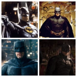 As quatro versões de Batman. Acima, a esquerda, Michael Keaton, como primeiro Batman da série que durou entre 1989 e 1997. Acima, a direita, Christian Bale como Batman da trilogia de Christopher Nolan, que durou de 2005 a 2012. Abaixo, a esquerda, Ben Affleck como o Batman do Universo Estendido DC. Abaixo, a direita, Robert Pattinson como o Batman de The Batman (2022).