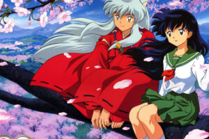 Inuyasha sentado na árvore com a personagem kagome