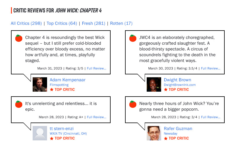 Captura de tela mostrando a seção de críticas agregadas do Rotten Tomatoes para o filme John Wick 4. Reprodução.