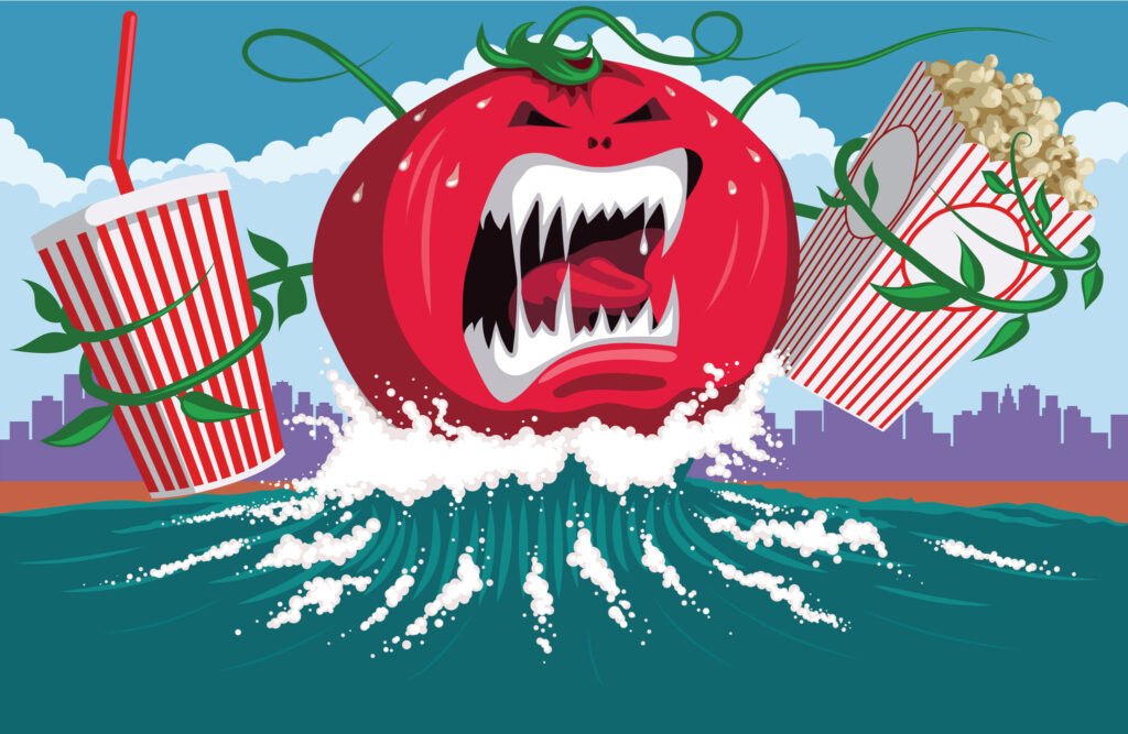 Ilustração representativa do Rotten Tomatoes. Um tomate nervoso segurando caixas de pipoca.