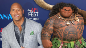 Montagem usando a foto de Dwayne Johnson e do personagem Maui, de Moana.