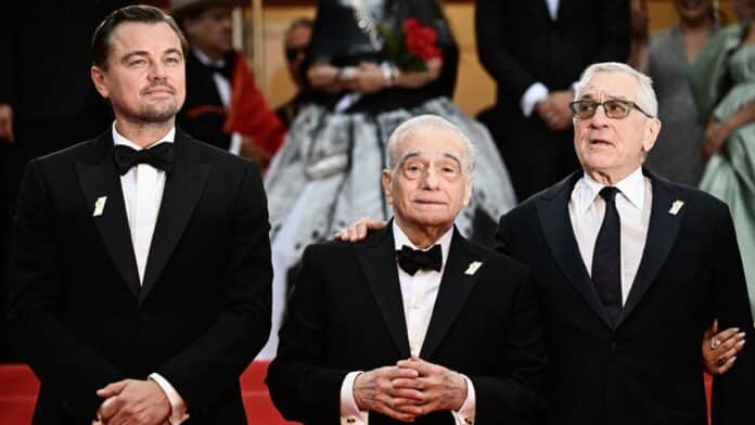 Leonardo Dicaprio, Martin Scorsese e Robert De Niro na exibição de Killers of The Flower Moon no Festival de Cannes