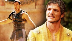 Montagem de Pedro Pascal e cena de Gladiador.