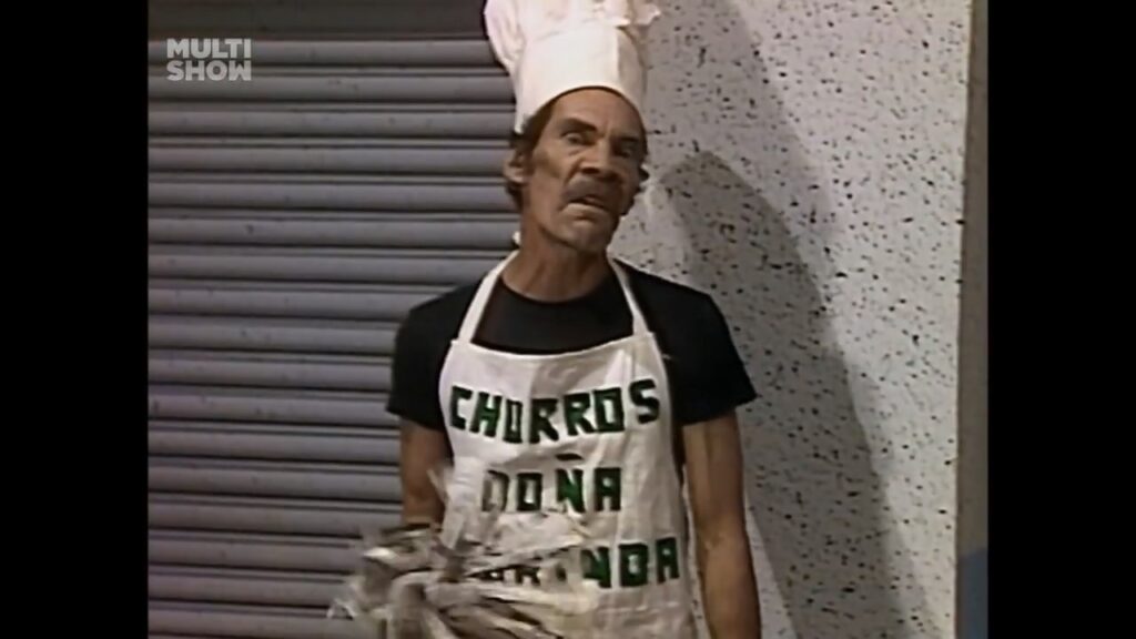 Famosa cena de "O vendedor de churros", exibido originalmente no México em 20 de março de 1978 e terceiro episódio da famosa saga da venda dos churros, onde Seu Madruga e Dona Florinda se tornam sócios.