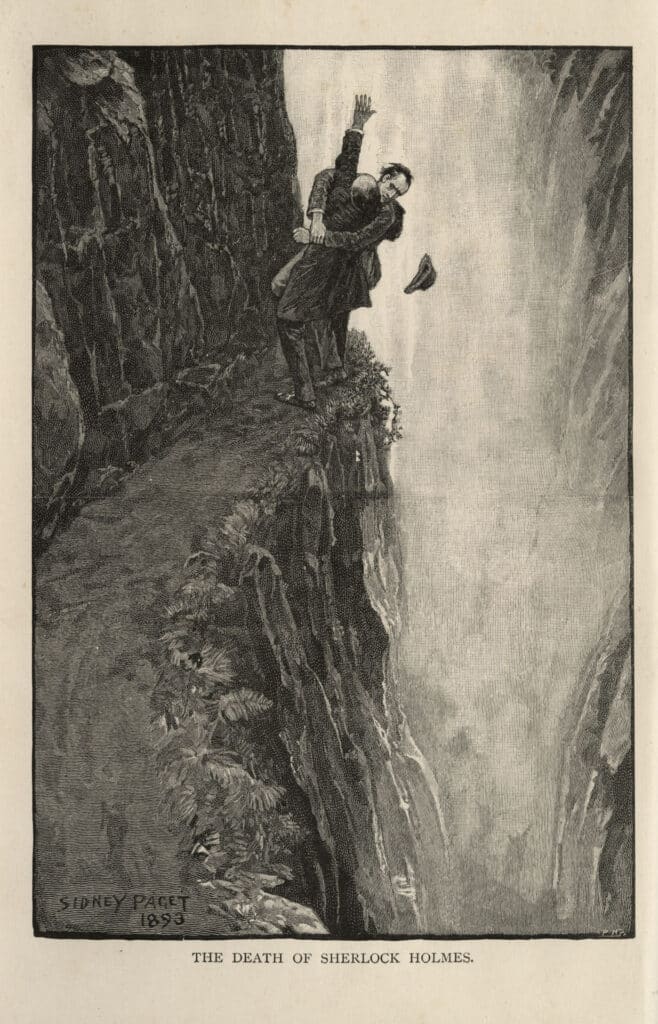 Ilustração mostrando o embate final entre Sherlock Holmes e seu arquirival Professor Moriarty em O Problema Final (1893). Ilustração de Sidney Paget.