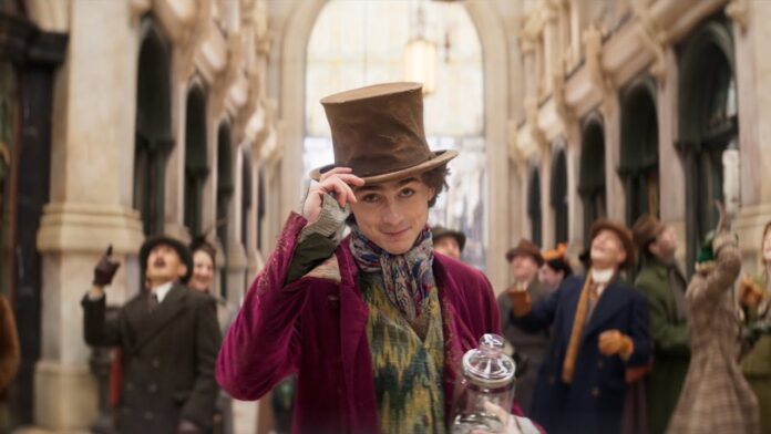 Timothée Chalamet como Willy Wonka em Wonka (2023).