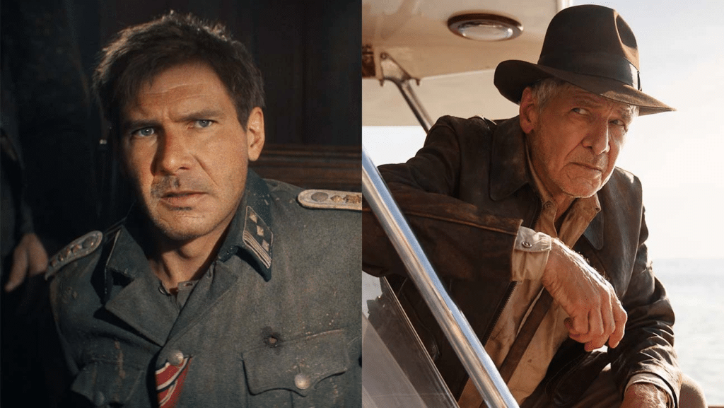 Comparação entre as imagens de Indiana Jones (Harrison Ford) em Indiana Jones e a Última Cruzada (1989) e Indiana Jones e a Relíquia do Destino (2023). Imagem: Paramount Pictures e Walt Disney Pictures.