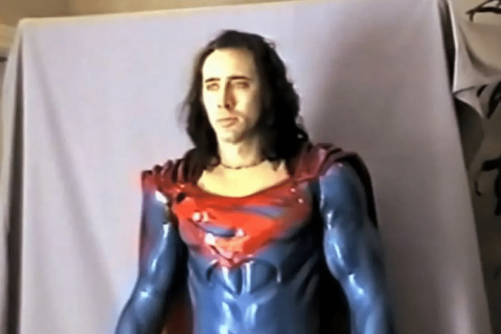Nicolas Cage em teste de figurino na pré-produção de Superman Lives