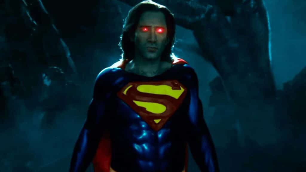 Recriação da versão de Superman estrelado por Nicolas Cage que aparece em The Flash. Crédito: Warner Bros. Pictures.