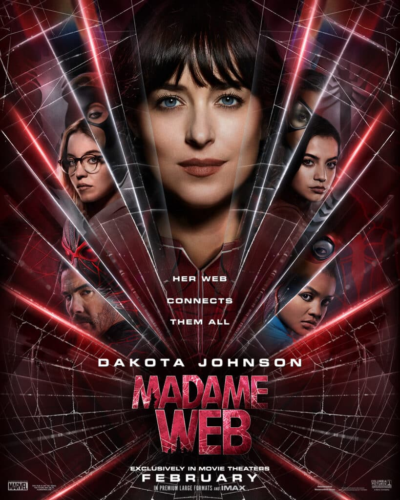 Dakota Johnson, Sydney Sweeney, Isabela Merced, Celeste O'Connor e Tahar Rahim em pôster de Madame Web