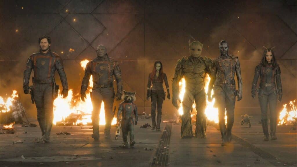 Todo o elenco principal em cena de Guardiões da Galáxia Vol. 3 (2023). Distribuição: Walt Disney Studios Motion Pictures.