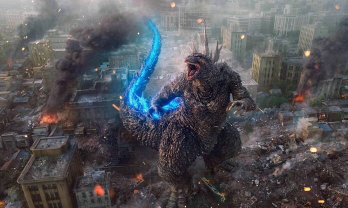 Cena de Godzilla Minus One (2023). Distribuição: Toho.