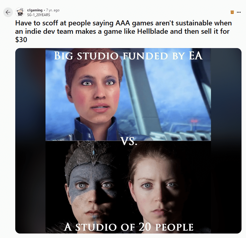 jogos indie - Hellblade sendo comparado com Mass Effect - Imagem Reddit