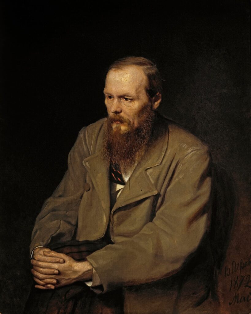 Retrato de Fedor Dostoyevsky (1872), o escritor utilizava bastante os anti-heróis em suas obras. Pintura de Vasily Perov (1833–1882) .