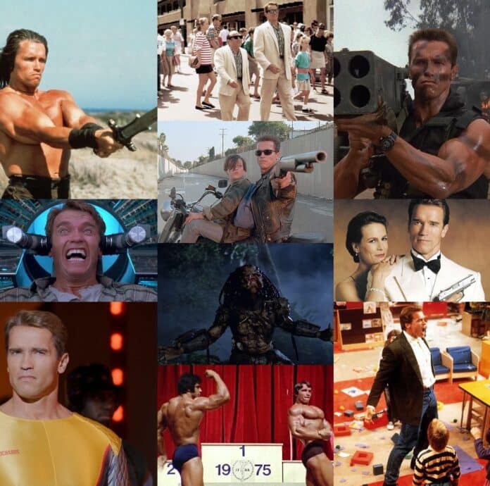 Montagem com imagens de filmes estrelados por Arnold Schwarzenegger.