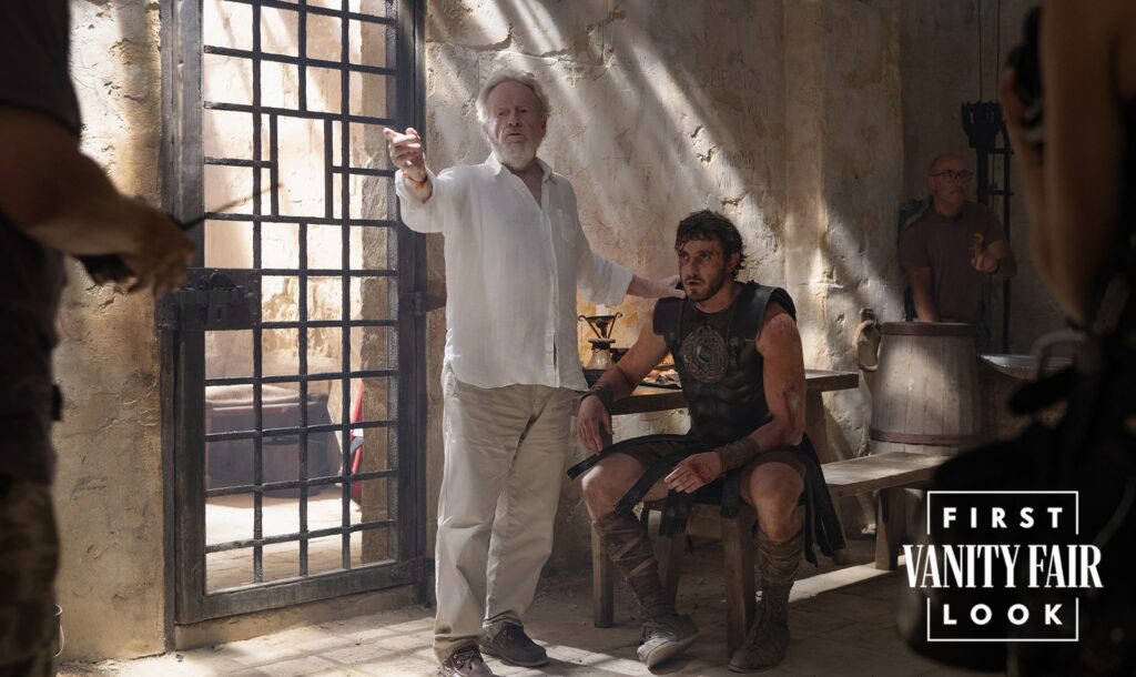 Ridley Scott e Paul Mescal em bastidores de Gladiador 2