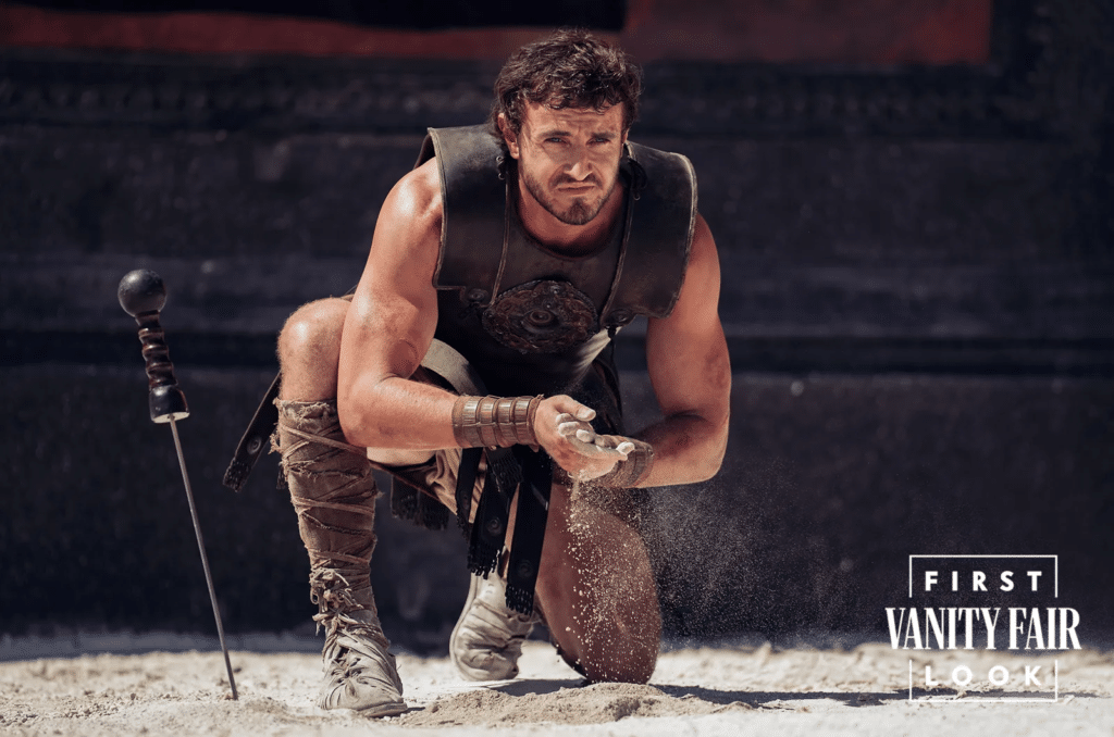 Imagem de Gladiador II divulgada com exclusividade pela Vanity Fair em 1 de julho desse ano. Créditos: Aidan Monaghan/Paramount