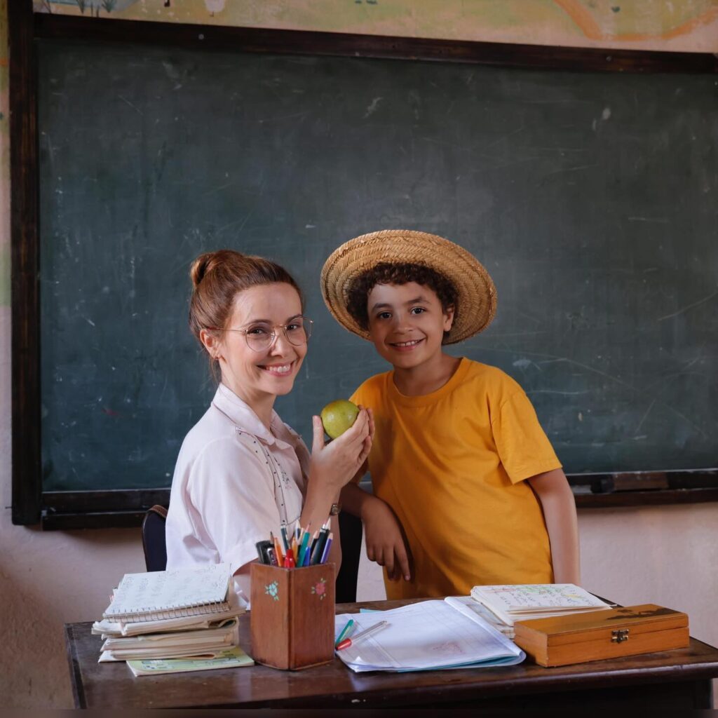 Débora Falabella como professora Marocas e Isaac Amendoim como Chico Bento