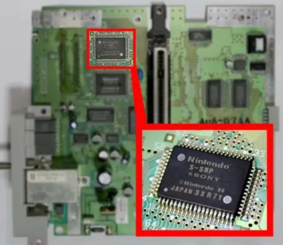 Chip de Som PCM da Sony na placa-mãe do Super Nintendo