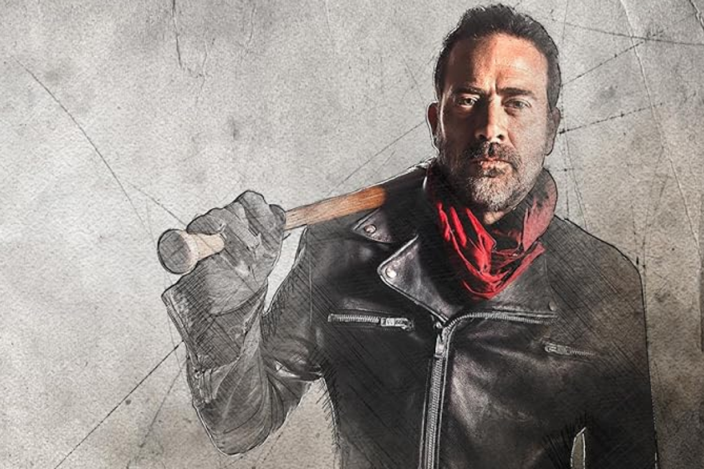 Imagem de Negan, personagem de The Walking Dead, conhecido por sua brutalidade que gerou reações intensas dos fãs.