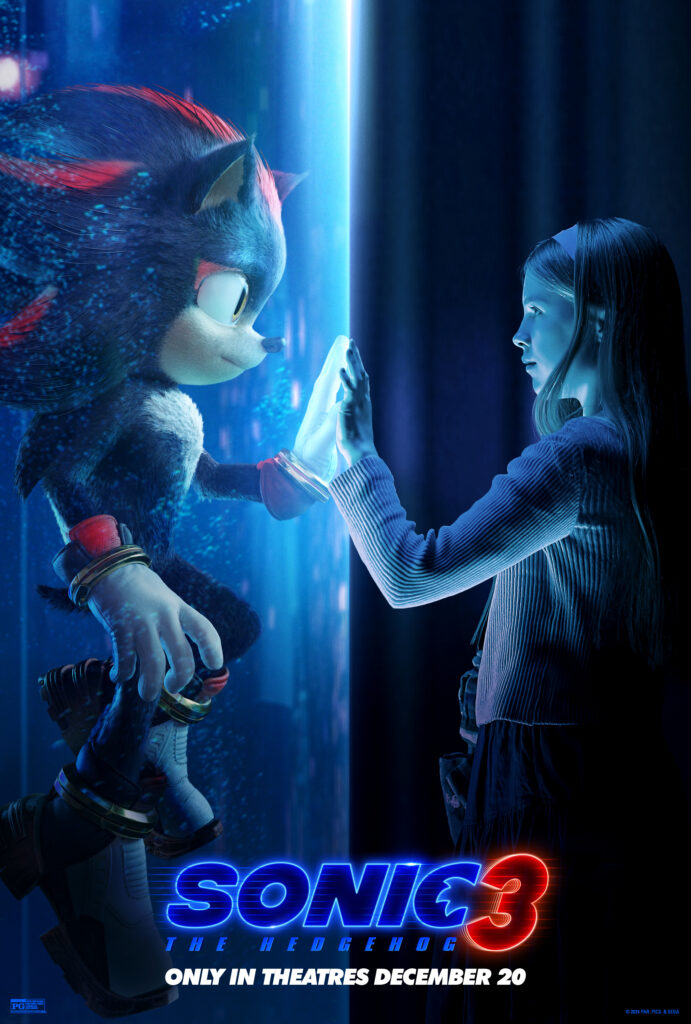 Shadow (Keanu Reeves) e Maria Robotnik (Alyla Browne) em pôster de Sonic 3 - O Filme