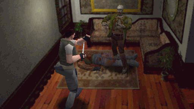 Chris Redfield enfrentando o primeiro zumbi da franquia Resident Evil.