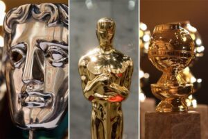 Montagem com as estatuetas do BAFTA, do Oscar e do Globo de Ouro.