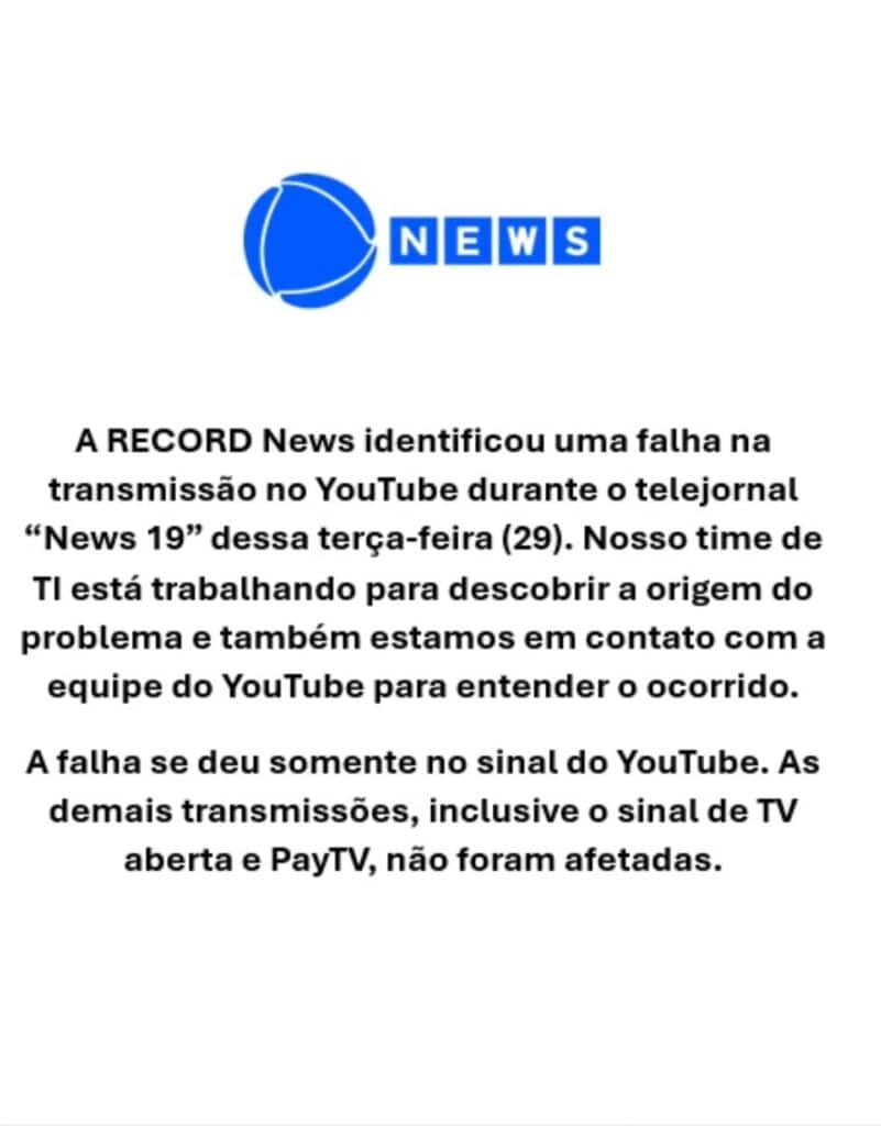 Comunicado oficial da record_comunicacao e recordnews via Instagram