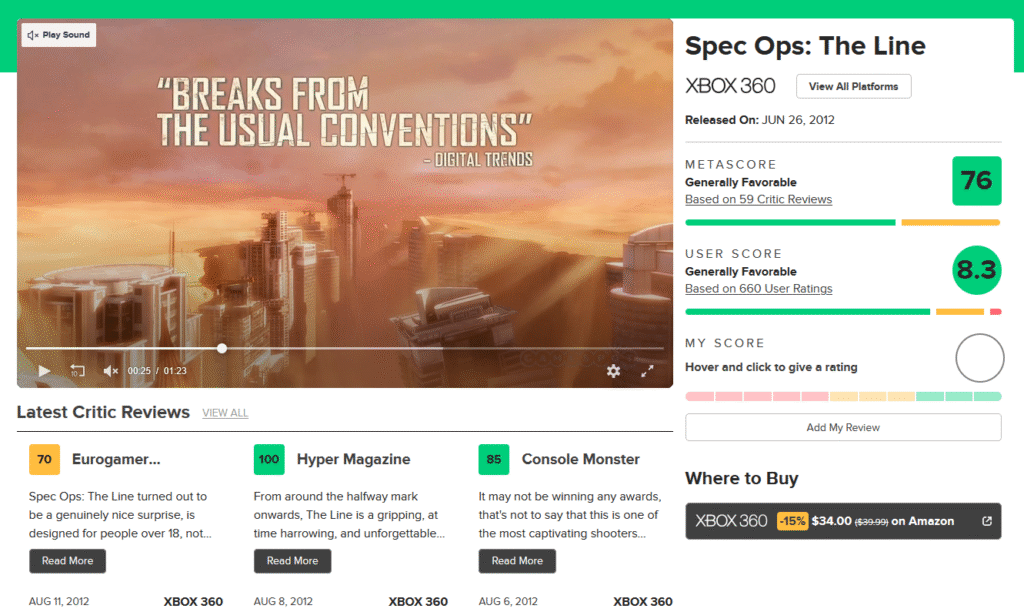 Spec Ops: The Line no Metacritic 2025