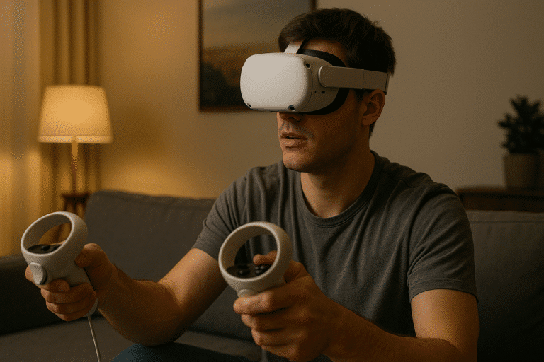 Homem utilizando óculos de realidade virtual e controles manuais em uma sala de estar, representando a imersão digital como nova forma de entretenimento.