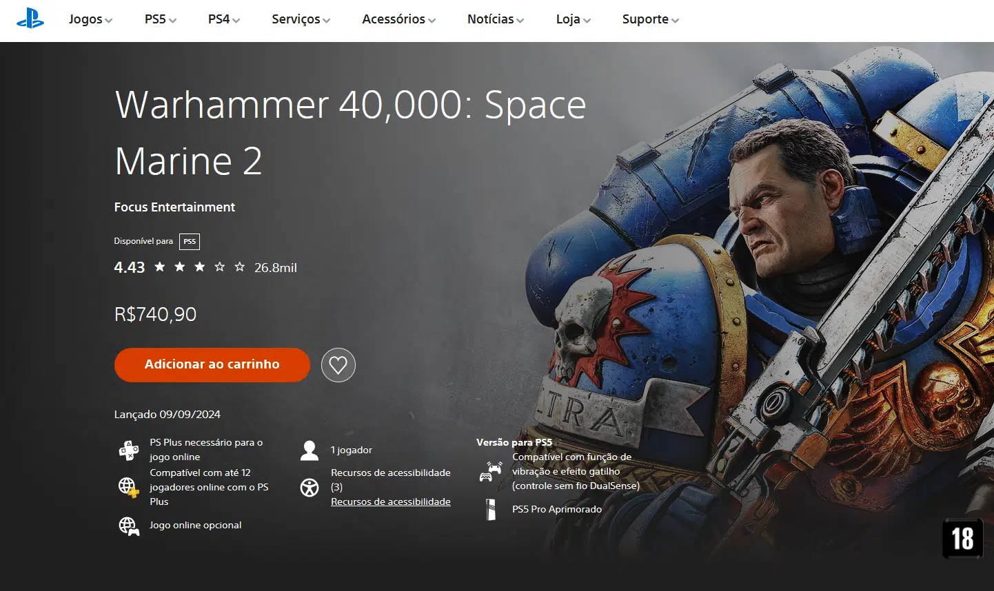 Warhammer 40,000: Space Marine 2 chega a custar R$740 em sua versão completa na PSN