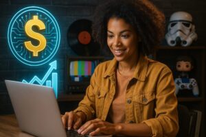 Mulher usando o seu computador em um quarto "geek" representando Como a economia digital pode influenciar a cultura pop