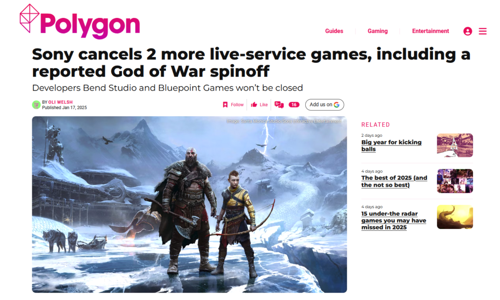 Matéria do site Poligon sobre o cancelamento de 2 jogos como serviço da Sony