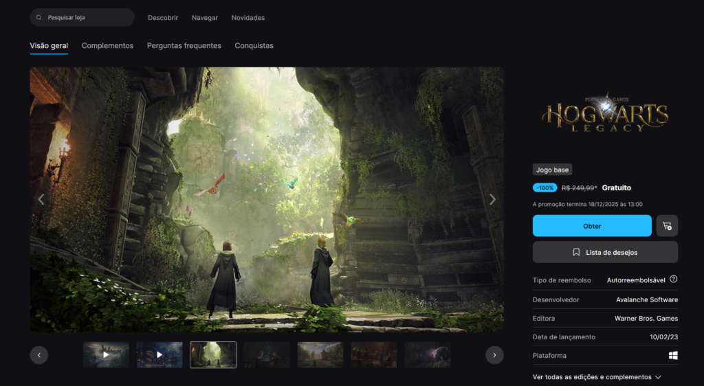 Página de Hogwarts Legacy na Epic Games Store