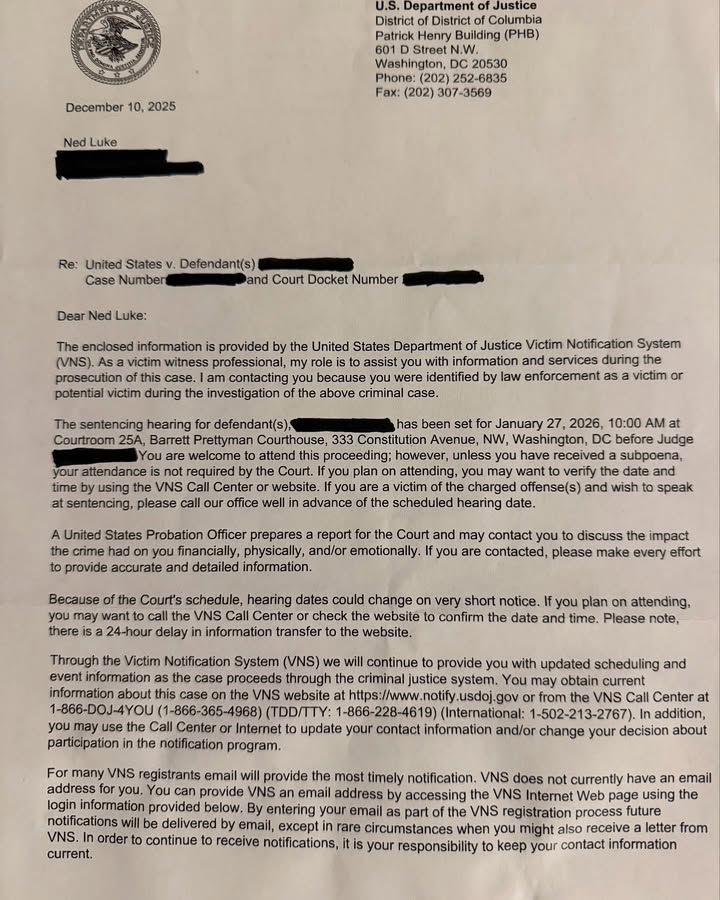 Notificação oficial do Departamento de Justiça dos EUA publicado por Ned Luke em seu instagram