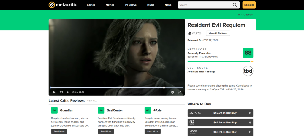 Resident Evil Requiem no Metacritic: 88/100