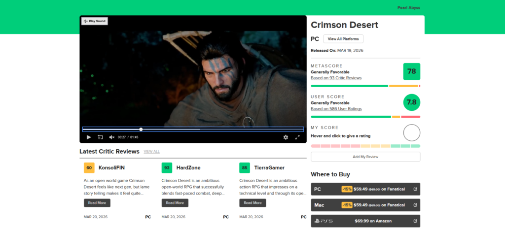 Crimson Desert no Metacritic