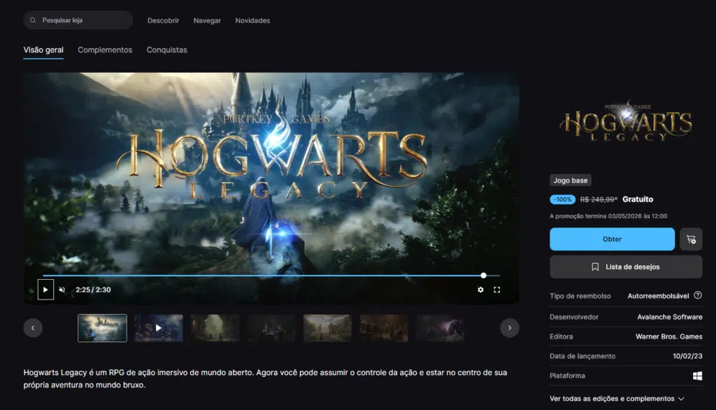Hogwarts Legacy de graça
