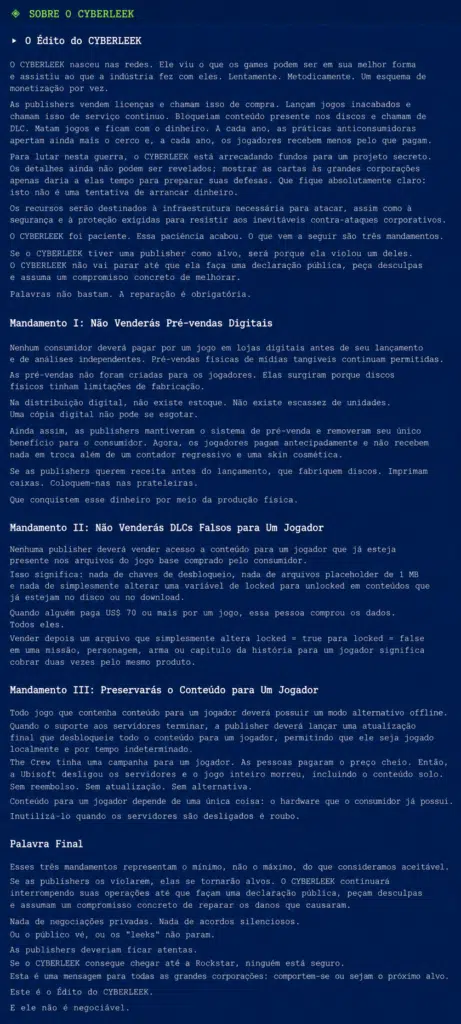 Tradução do manifesto do CYBERLEEK - Vazamento de GTA 6