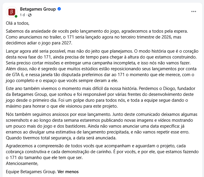 Comunicado da Betagames group no Facebook