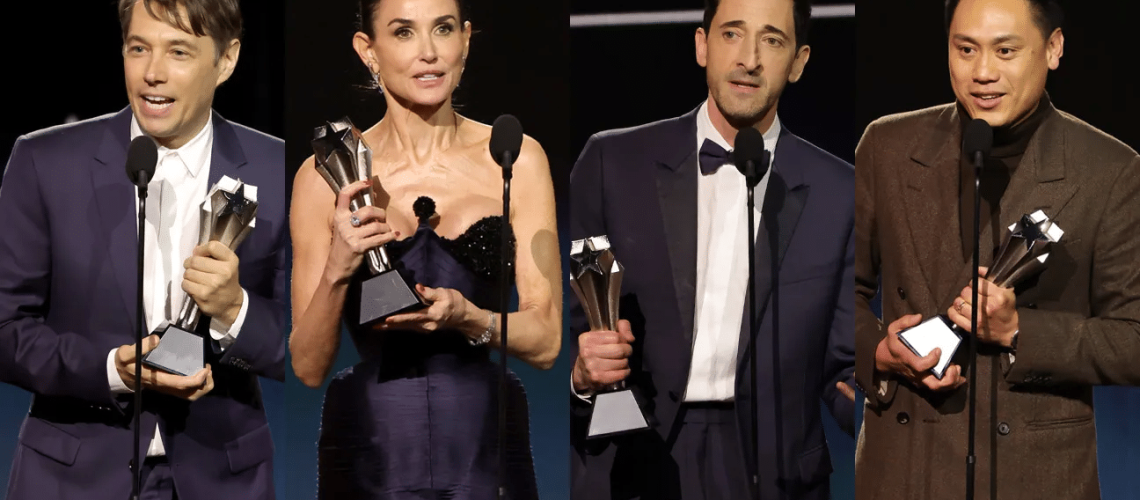 Sean Baker, Demi Moore, Adrien Brody e Jon M. Chu. Fotografia: Kevin Winter/Getty Images for Critics Choice Association.