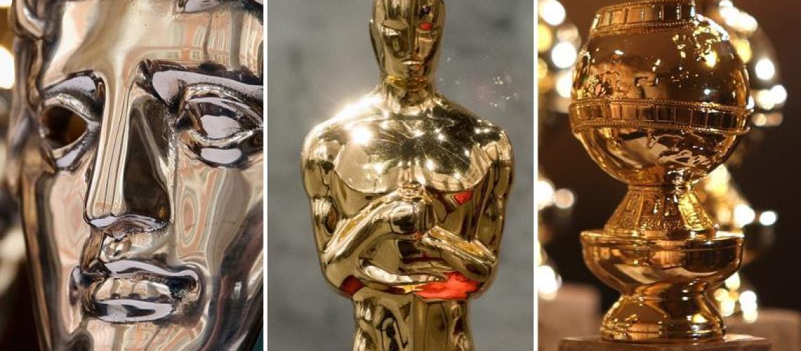 Montagem com as estatuetas do BAFTA, do Oscar e do Globo de Ouro.