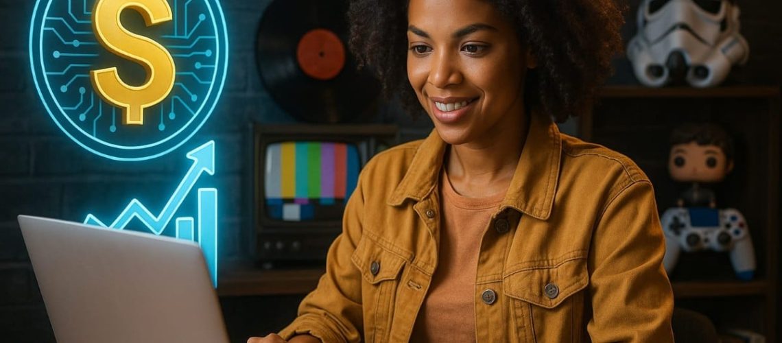 Mulher usando o seu computador em um quarto "geek" representando Como a economia digital pode influenciar a cultura pop