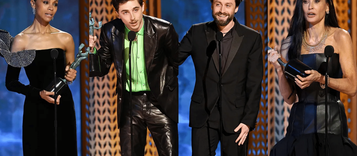 Da esquerda para a direita: Zoe Saldaña, Timothée Chalamet, Kieran Culkin e Demi Moore no SAG Awards 2025. Foto: Getty Images